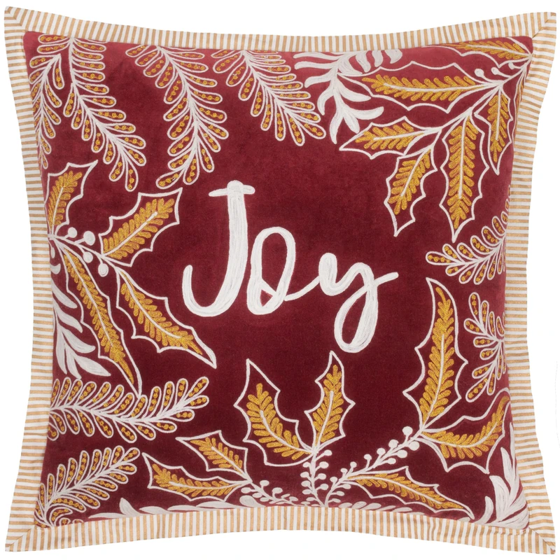 Paoletti Winter Joy Feather Filled Cushion – Luxury Woodland Leaves Embroidered Cotton Velvet Oxford Edge Festive Decorative Pillow (Red – 50x50cm) - Image 1
