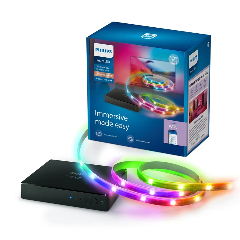Philips Smart Lighting HDMI Sync Box with TV Backlight, RGBIC LED Strip for 75-85 Inch TVs, Synchronized with Films, Music, HDMI 2.0, 4K @ 60Hz, Connected by WiZ, External Video Source Required