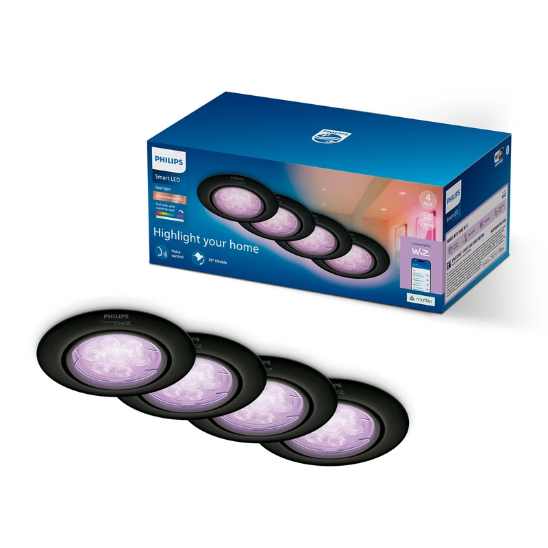 Philips Smart Lighting GU10 Kit, 4 Pack, Tunable White and Color, Total Solution, Tiltable Head, Dimmable, App Controls, Voice Controls, Black
