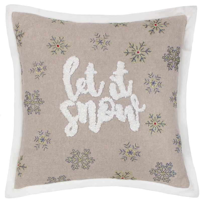 Paoletti Winter Let It Snow Feather Filled Cushion – Luxury Snowflake Embroidered Cotton Velvet Oxford Edge Festive Decorative Pillow (Greige – 45x45cm) - Image 1