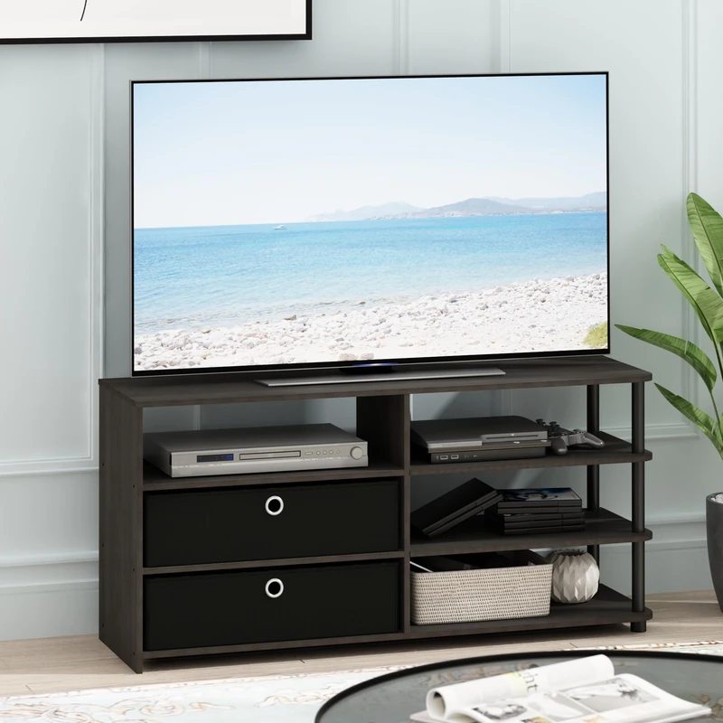 Furinno Jaya TV Stand for TV up to 55-Inch with Storage Bins & Cable Management Hole, 4-Tier Black Entertainment Center, TV Console, for Living Room, Bedroom, Black Walnut