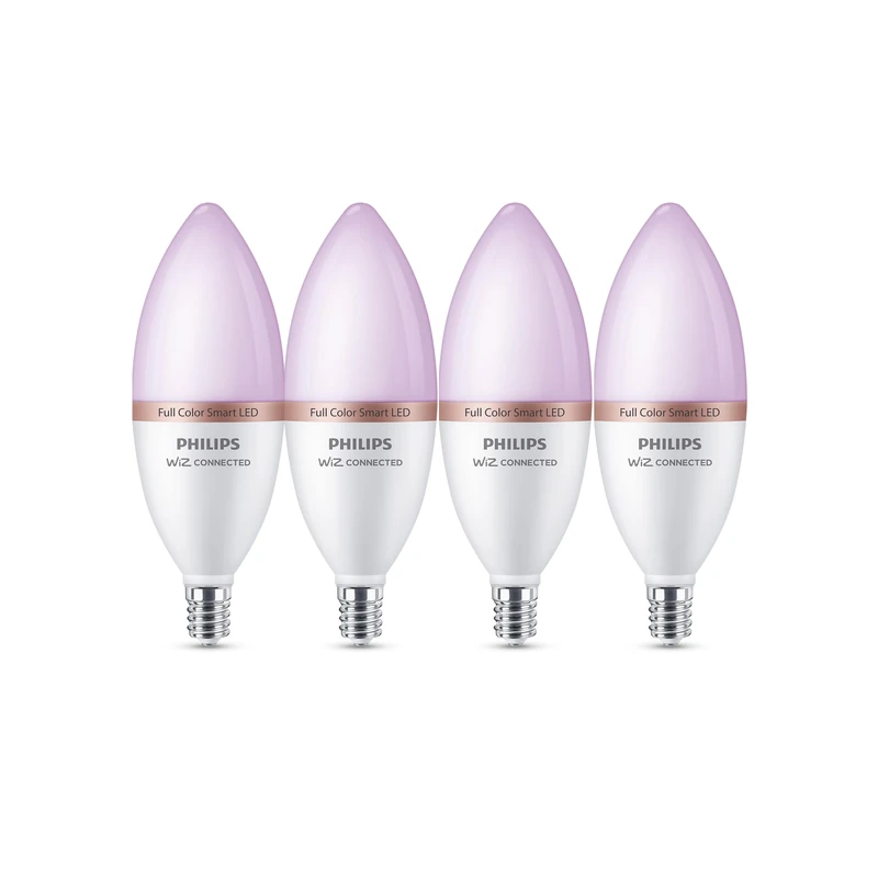 Philips Smart Lighting, Smart LED RGB C37 Bulb, 4 Pack, E14 Base, 470 lm, Color and Tunable White Light 2200-6500 K, Low Dimming, Connected by WiZ, Alexa, Google Home, Apple Home