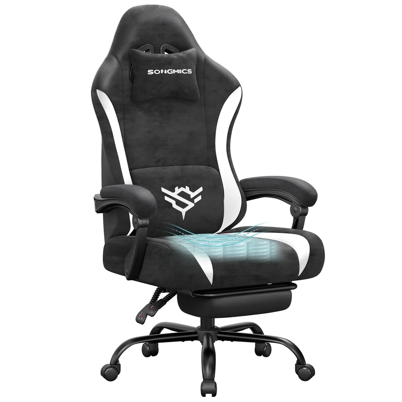 SONGMICS Gaming Chair, Ergonomic Computer Chair with Footrest and Lumbar Support, Video Game Chair with 90°–135° Recline, Ink Black and Cloud White, for Home Office, Suede Fabric OBG092BH01
