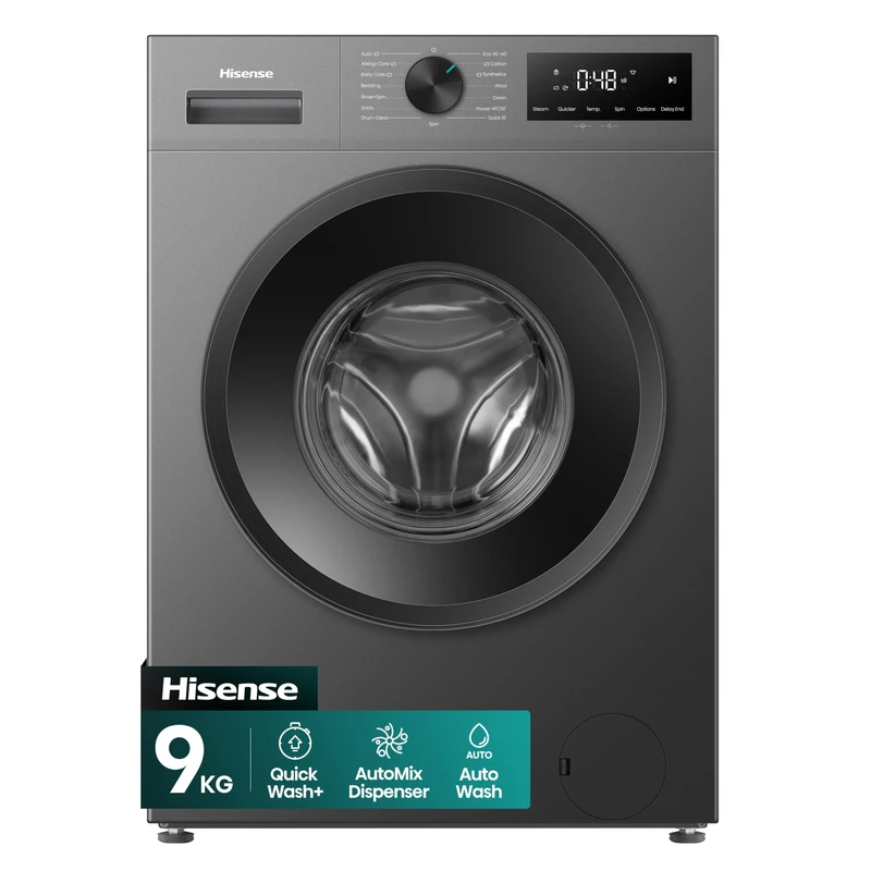 Hisense WF1I9042BBP 9kg Freestanding Washing Machine, 1400rpm Spin Speed, A Rated Energy, Steam Function, Inverter Motor, 15 Programmes, Black