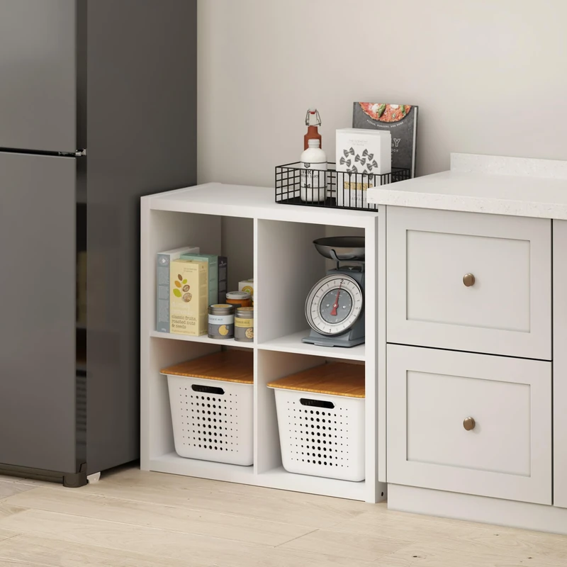 Furinno HERMITE 4-Cube White Coffee Bar, Kitchen Island, Kitchen Storage, Bakers Rack, for Pantry Organizers and Storage, Kitchen Organization, Plain White