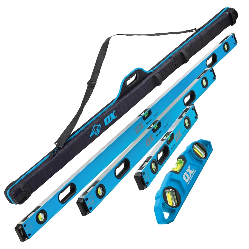 OX Pro 4PC Spirit Level Set with Carry Bag - 1800mm, 1200mm, 600mm & 230mm Magnetic Torpedo, Dual Easy-View Vials, Fine Milled Surface, Aluminium Frame, Shock-Proof End Caps, Ergonomic Handles
