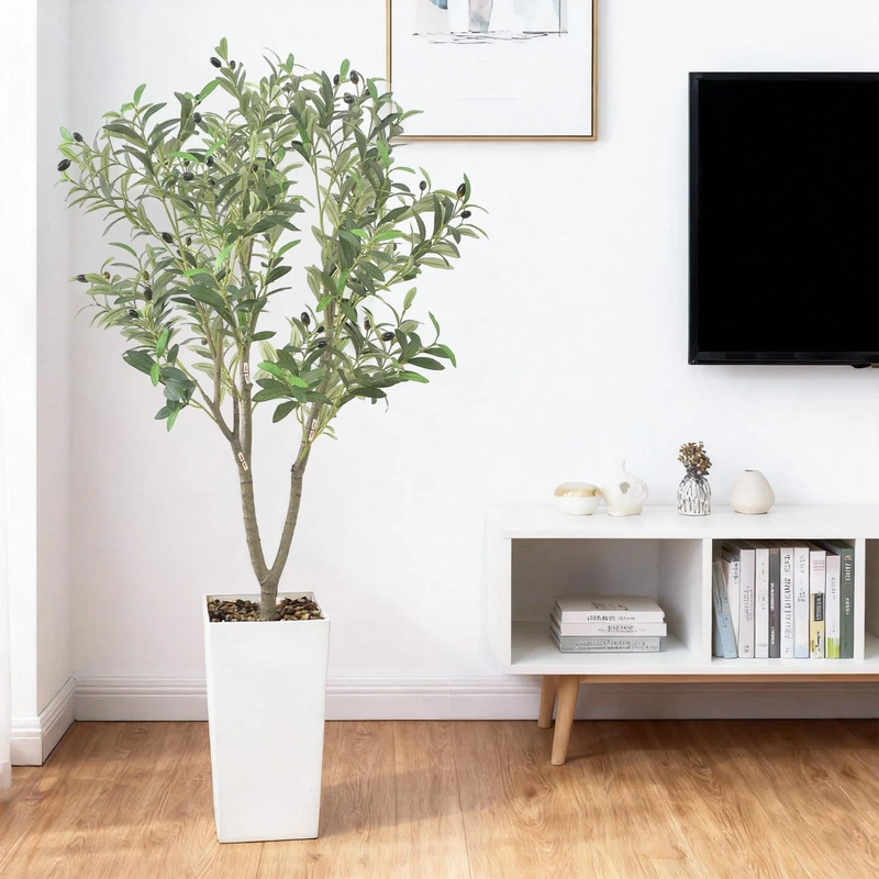 150 cm Large Realistic Artificial Olive Tree with Olives, White Pot, Pebbles, Multi Branch & Foliage, Maintenance-Free, Artificial Plant Decorations for Living Room, Office, Balcony