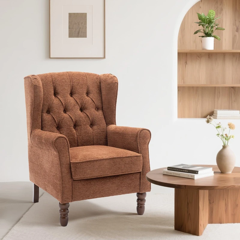 Wingback Armchair for Living Room, Upholstered High Back Accent Chair with Tufted Backrest, Rolled Arms and Solid Wood Legs, Comfortable Reading Chair for Lounge, Bedroom and Reception Area
