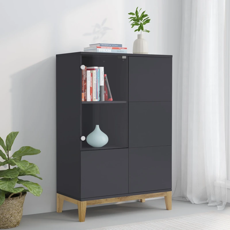 Pelle Highboard with 1 Glass Door and 2 Window Doors, Grey Wotan Oak, 122 x 80 x 40cm (H x W x D)