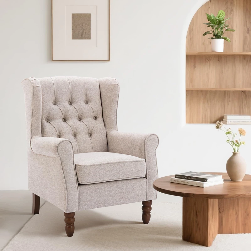 Wingback Armchair for Living Room, Upholstered High Back Accent Chair with Tufted Backrest, Rolled Arms and Solid Wood Legs, Comfortable Reading Chair for Lounge, Bedroom and Reception Area