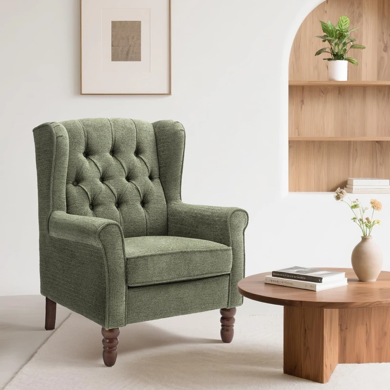 Wingback Armchair for Living Room, Upholstered High Back Accent Chair with Tufted Backrest, Rolled Arms and Solid Wood Legs, Comfortable Reading Chair for Lounge, Bedroom and Reception Area - Image 1
