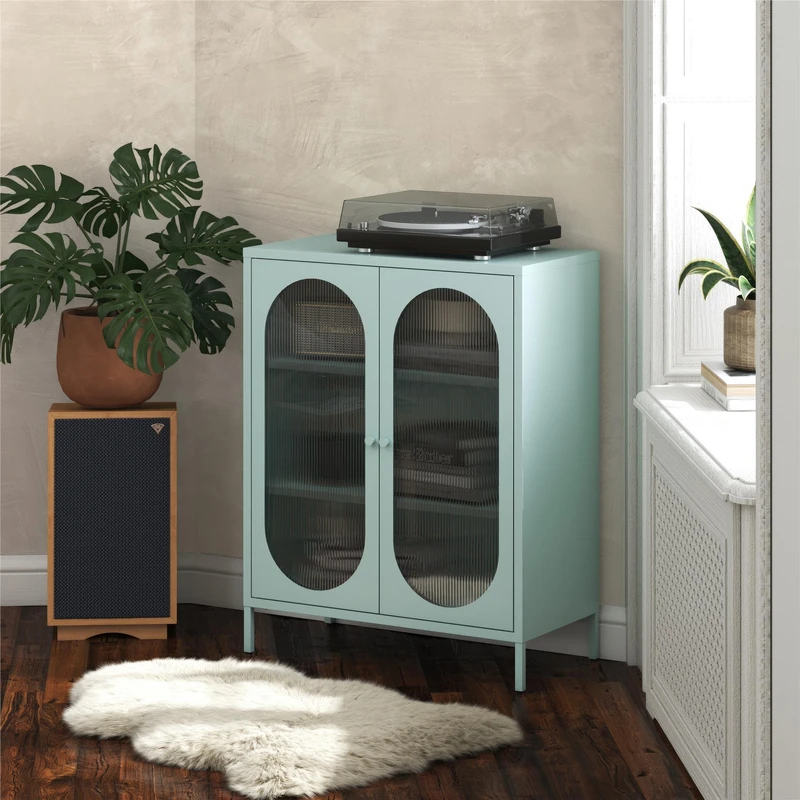 Dorel Home Luna Metal Cabinet with 2 Fluted Glass Doors, SkyBlue, 80 x 40 x 102cm (W x D x H)