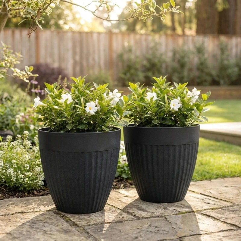 Nicoman Round Flower Planter Pot, W36.5cm x H35.5cm Charcoal, 25.6L Indoor/Outdoor Decorative Plant with Drainage Hole, Durable Basin for Patio, Garden and Home Decor (Fluted, Pack of 2)