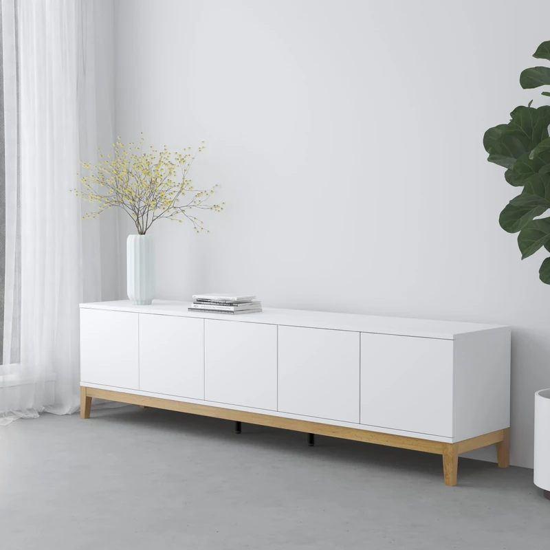 Pelle Lowboard with 5 doors, White Wotan Oak, 53 x 200 x 40cm (H x W x D)