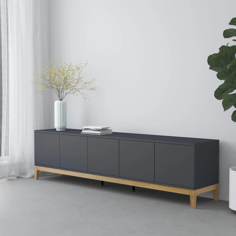 Pelle Lowboard with 5 doors, Grey Wotan Oak, 53 x 200 x 40cm (H x W x D)