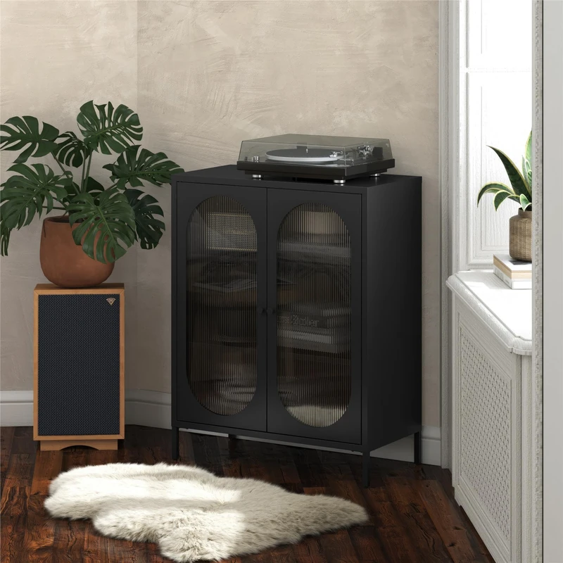 Dorel Home Luna Metal Cabinet with 2 Fluted Glass Doors, Black, 80 x 40 x 102cm (W x D x H)