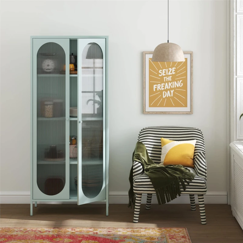 Luna Tall Metal Cabinet with 2 Fluted Glass Doors, Blue, 186 x 80 x 40 cm (H x W x D)