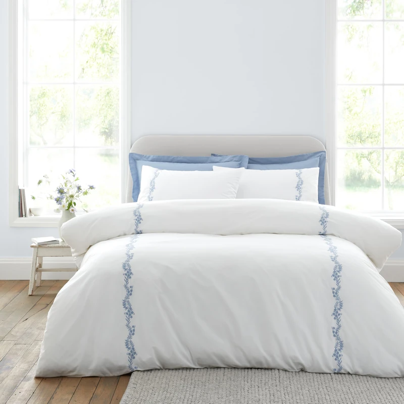 Bianca Camille Embroidered Floral 200 Thread Count Cotton King Duvet Cover Set with Pillowcases White/Blue - Image 1