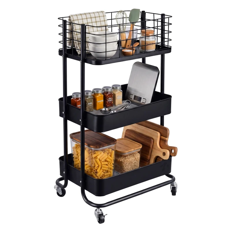 Relaxdays Trolley, HxWxD: 77x45x34 cm, metal, 3 shelves, rolling storage trolley for bathroom, kitchen & office, black