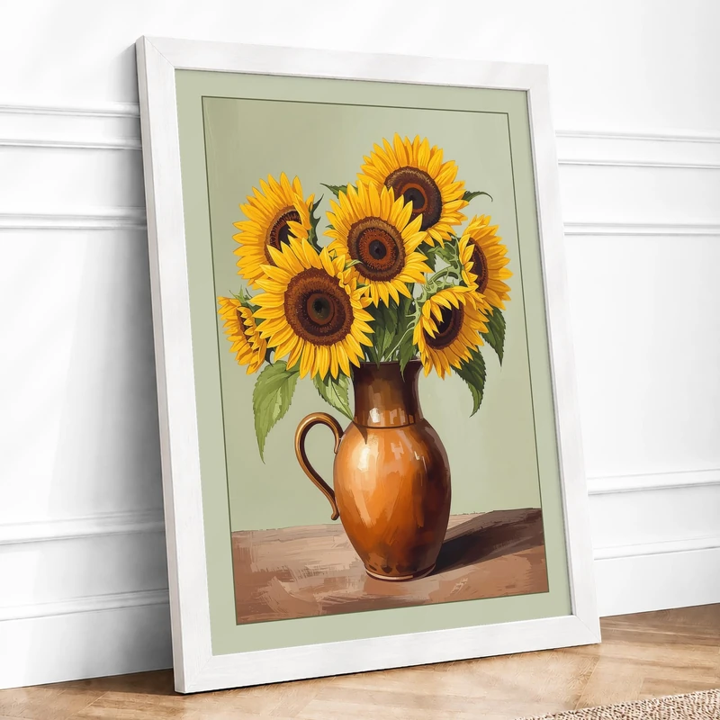 Sunflowers in Terracotta Botanical Framed Wall Art Print A1 (84.1×59.4cm) White, Wall Decor for Living Room, Bedroom, Office & Home, Ready to Hang, Art Gift - Image 1