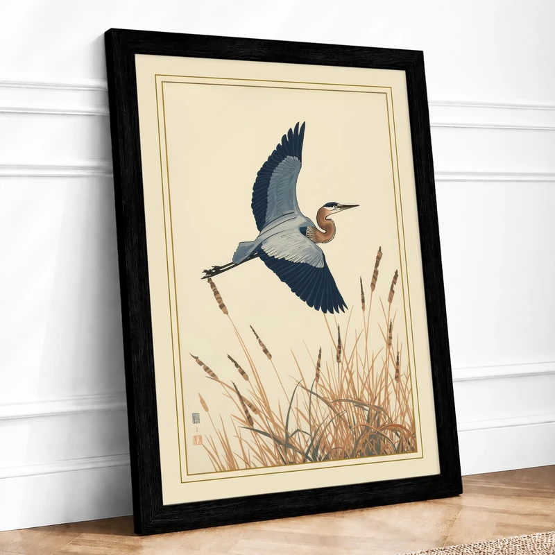Heron in Flight Botanical Framed Wall Art Print A1 (84.1×59.4cm) Black, Wall Decor for Living Room, Bedroom, Office & Home, Ready to Hang, Art Gift
