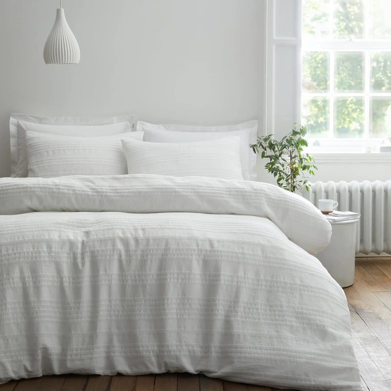 Bianca Waffle Cotton Stripe Double Duvet Cover Set with Pillowcases White - Image 1