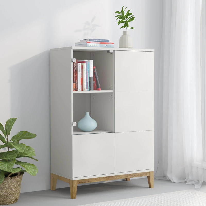 Pelle Highboard with 1 glass door and 2 window doors, White Wotan Oak, 122 x 80 x 40cm (H x W x D)