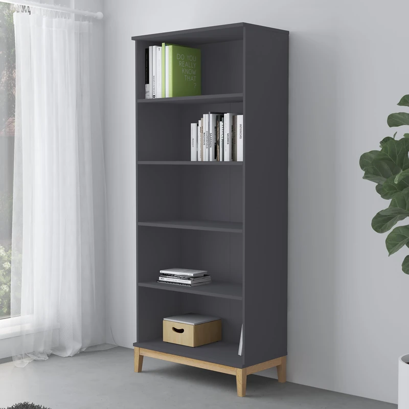 Pelle Bookcase 4 shelves, Grey Wotan Oak, 191 x 80 x 40cm (H X W x D) - Image 1