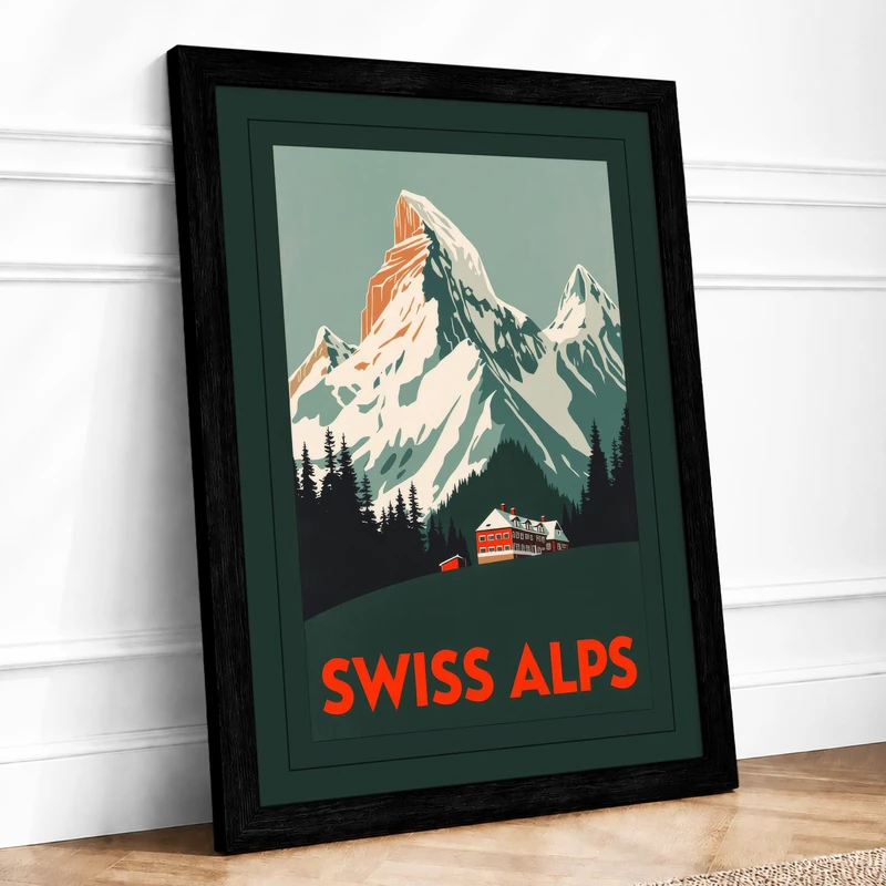 Postcard from Swiss Alps Vintage Framed Wall Art Print A1 (84.1×59.4cm) Black, Wall Decor for Living Room, Bedroom, Office & Home, Ready to Hang, Art Gift - Image 1