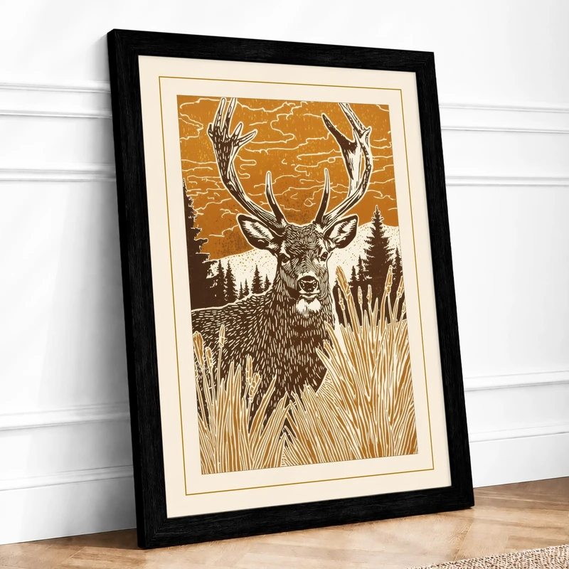 Antlered Majesty Rustic Framed Wall Art Print A1 (84.1×59.4cm) Black, Wall Decor for Living Room, Bedroom, Office & Home, Ready to Hang, Art Gift
