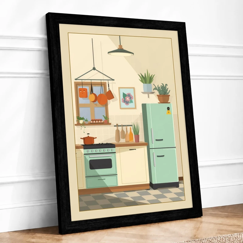 Kitchen Interior Retro Framed Wall Art Print A1 (84.1×59.4cm) Black, Wall Decor for Living Room, Bedroom, Office & Home, Ready to Hang, Art Gift