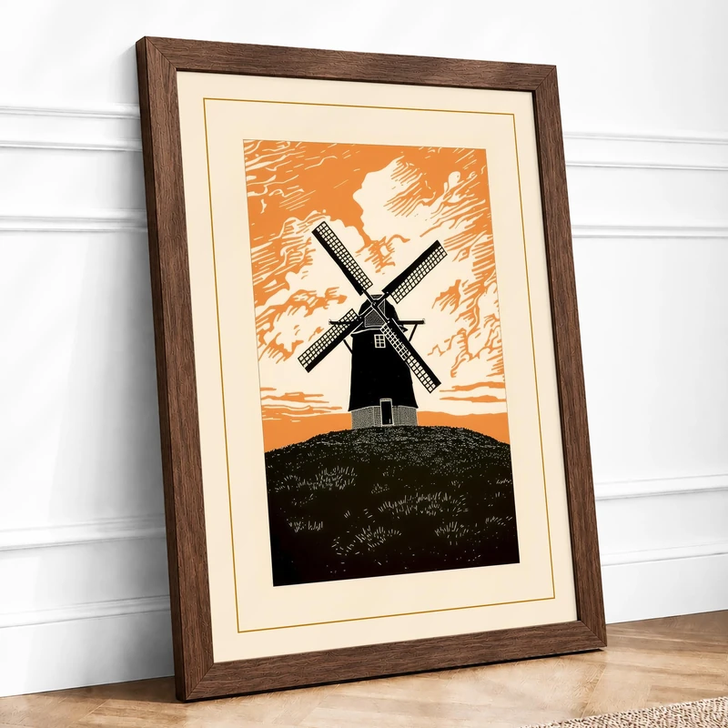 Windmill at Dusk Retro Framed Wall Art Print A1 (84.1×59.4cm) Walnut, Wall Decor for Living Room, Bedroom, Office & Home, Ready to Hang, Art Gift - Image 1