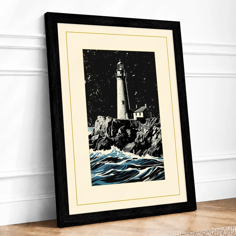 Lighthouse Beacon Coastal Framed Wall Art Print A1 (84.1×59.4cm) Black, Wall Decor for Living Room, Bedroom, Office & Home, Ready to Hang, Art Gift - Image 1