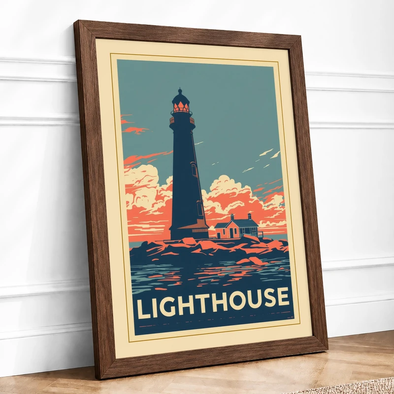 Vintage Lighthouse Retro Framed Wall Art Print A1 (84.1×59.4cm) Walnut, Wall Decor for Living Room, Bedroom, Office & Home, Ready to Hang, Art Gift