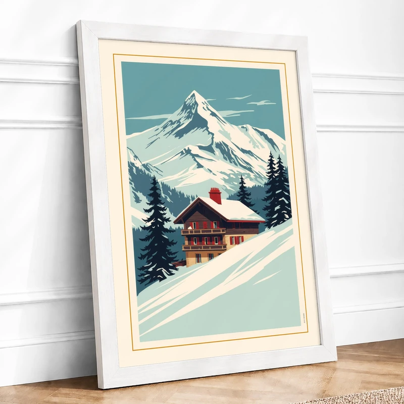 Mountain Cabin in Snow Vintage Framed Wall Art Print A1 (84.1×59.4cm) White, Wall Decor for Living Room, Bedroom, Office & Home, Ready to Hang, Art Gift - Image 1