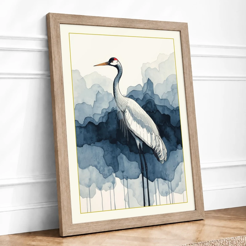 Serene Wading Bird Coastal Framed Wall Art Print A1 (84.1×59.4cm) Oak, Wall Decor for Living Room, Bedroom, Office & Home, Ready to Hang, Art Gift