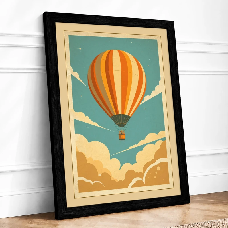 Balloon Adrift in Sky Vintage Framed Wall Art Print A1 (84.1×59.4cm) Black, Wall Decor for Living Room, Bedroom, Office & Home, Ready to Hang, Art Gift - Image 1