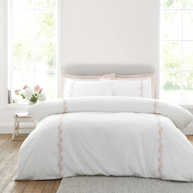 Bianca Camille Embroidered Floral 200 Thread Count Cotton Double Duvet Cover Set with Pillowcases White/Pink - Image 1