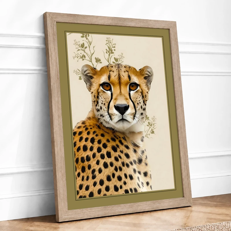 Dignified Cheetah Boho Framed Wall Art Print A1 (84.1×59.4cm) Oak, Wall Decor for Living Room, Bedroom, Office & Home, Ready to Hang, Art Gift - Image 1