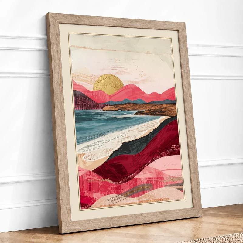 Mountains at Sunrise Vintage Framed Wall Art Print A1 (84.1×59.4cm) Oak, Wall Decor for Living Room, Bedroom, Office & Home, Ready to Hang, Art Gift