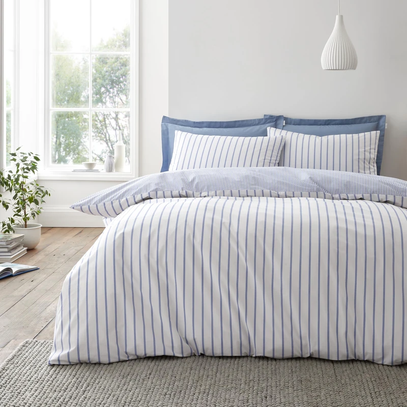 Bianca Hampton Stripe 200 Thread Count Cotton Reversible Double Duvet Cover Set with Pillowcases Blue