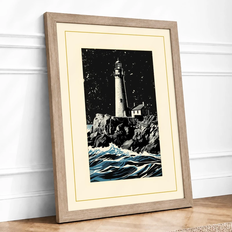 Lighthouse Beacon Coastal Framed Wall Art Print A1 (84.1×59.4cm) Oak, Wall Decor for Living Room, Bedroom, Office & Home, Ready to Hang, Art Gift - Image 1