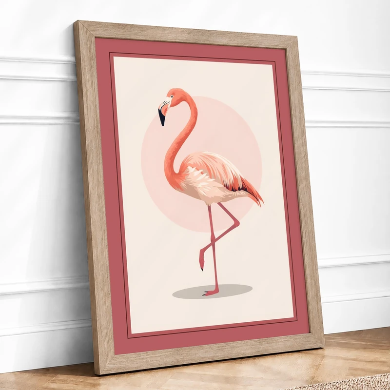 Flamingo and Friend Minimalist Framed Wall Art Print A1 (84.1×59.4cm) Oak, Wall Decor for Living Room, Bedroom, Office & Home, Ready to Hang, Art Gift
