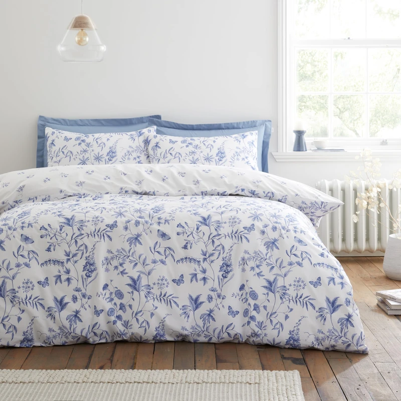 Bianca Thea Floral 200 Thread Count Cotton Reversible Super King Duvet Cover Set with Pillowcases Blue - Image 1