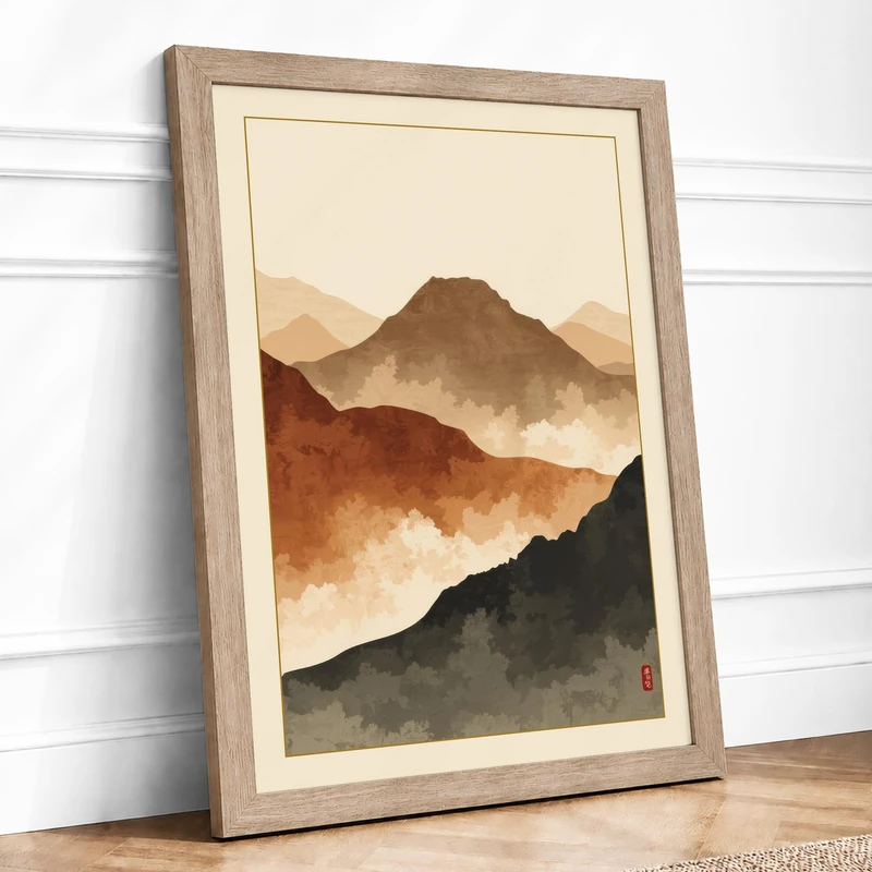 Mountains in Mist Japandi Framed Wall Art Print A1 (84.1×59.4cm) Oak, Wall Decor for Living Room, Bedroom, Office & Home, Ready to Hang, Art Gift