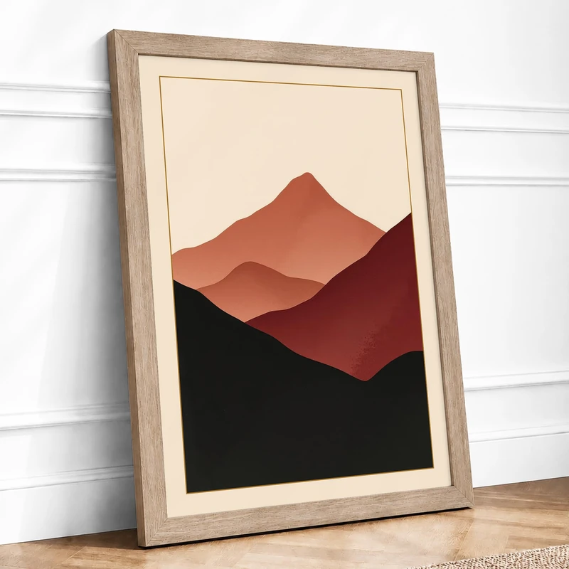 Mountains at Dusk Minimalist Framed Wall Art Print A1 (84.1×59.4cm) Oak, Wall Decor for Living Room, Bedroom, Office & Home, Ready to Hang, Art Gift