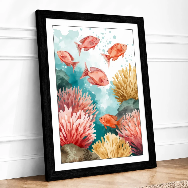 Fish Among Anemones Coastal Framed Wall Art Print A1 (84.1×59.4cm) Black, Wall Decor for Living Room, Bedroom, Office & Home, Ready to Hang, Art Gift - Image 1