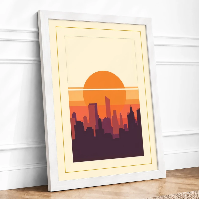 Cityscape at Sunset Retro Framed Wall Art Print A1 (84.1×59.4cm) White, Wall Decor for Living Room, Bedroom, Office & Home, Ready to Hang, Art Gift - Image 1