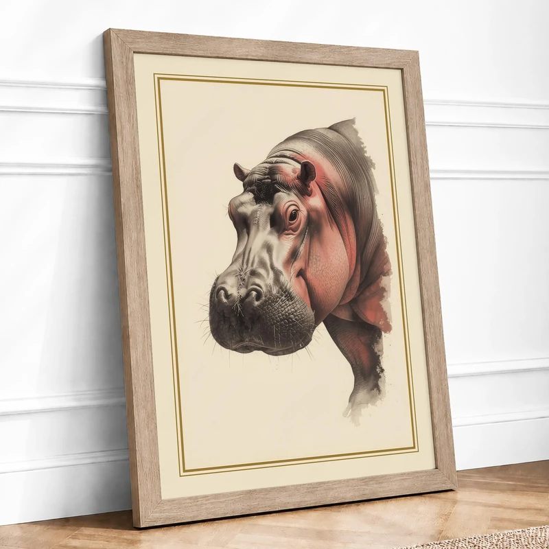 Hippopotamus Study Botanical Framed Wall Art Print A1 (84.1×59.4cm) Oak, Wall Decor for Living Room, Bedroom, Office & Home, Ready to Hang, Art Gift - Image 1
