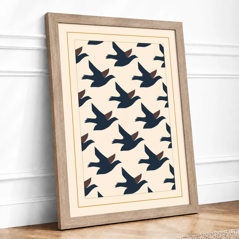 Birds in Flight Geometric Framed Wall Art Print A1 (84.1×59.4cm) Oak, Wall Decor for Living Room, Bedroom, Office & Home, Ready to Hang, Art Gift